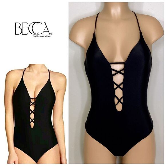New. BECCA black plunge neck swimsuit. Small - Picture 4 of 14